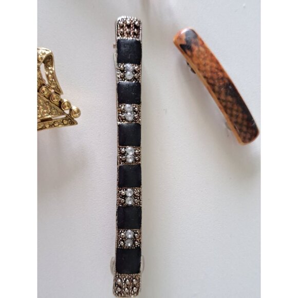 Set Of 4 Vtg Hair Barrettes Gold Black White Rhinestones Amber Tortoise Shell - Picture 3 of 10